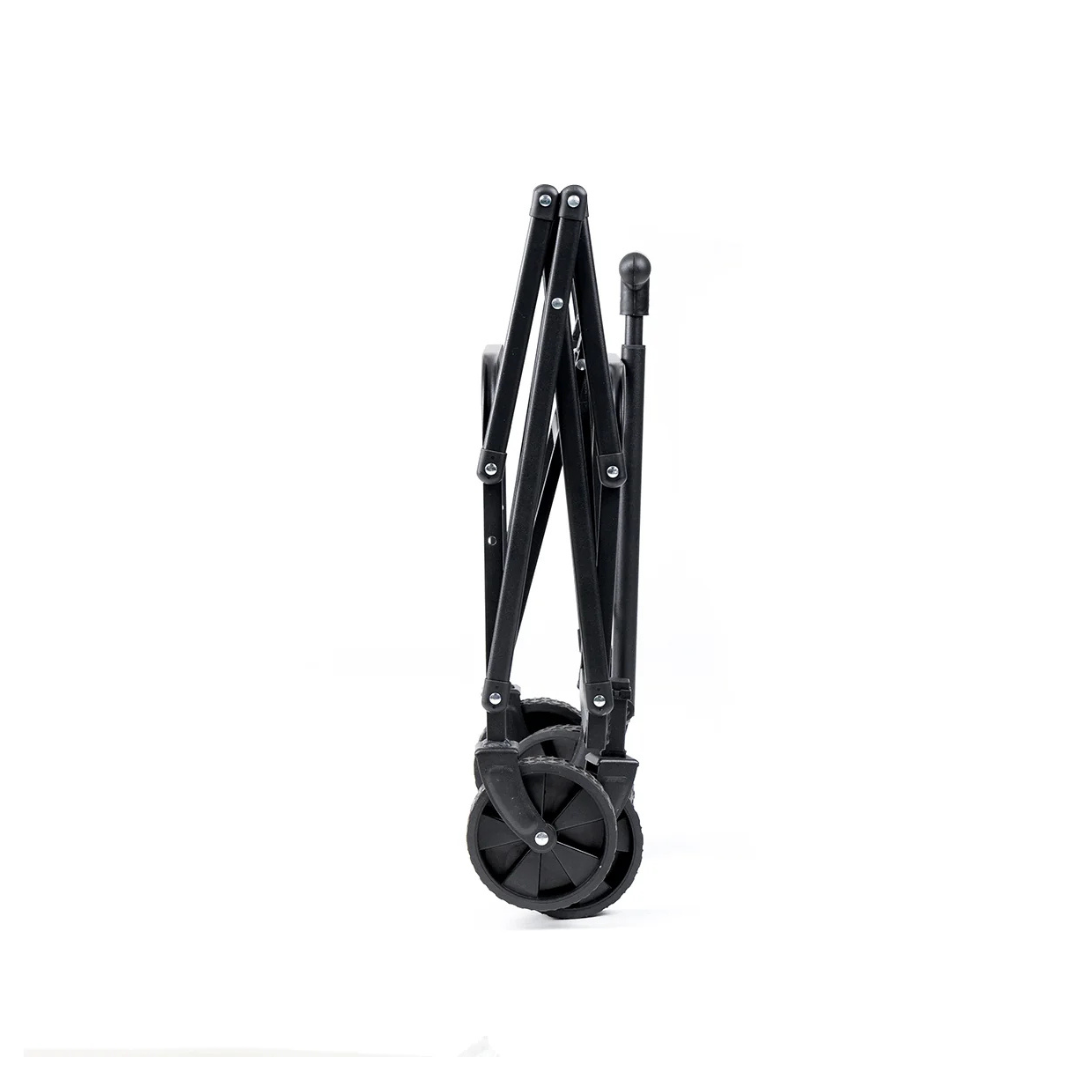 The Trailer For ScootNgo Lite/Voyager is a black folding cart with wheels, displayed upright in its fully folded position against a plain white background—perfect as a compact trailer or as an accessory for your ScootNgo Voyager setup.