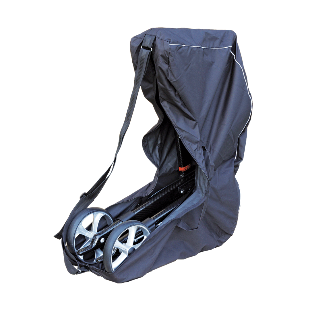 The Transport Bag For Rehasense Rollators is a black fabric bag with a shoulder strap that partially encloses a foldable rollator, leaving its large wheels visible at one end against a white background.
