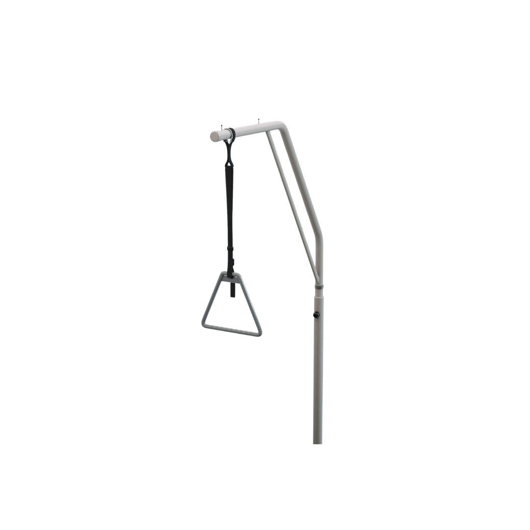 The Trapeze | Invacare CS600 Bed features a triangular handle suspended from an adjustable frame, designed as a bed assist and repositioning aid to help patients move or shift themselves in bed. It is compatible with Invacare CS600 Series beds.