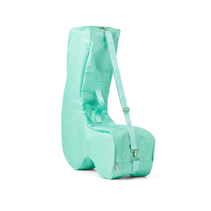 A mint green Travel Bag For The byAcre Nordic Pioneer Rollator, with a shoulder strap and zipper closures, stands upright against a white background.