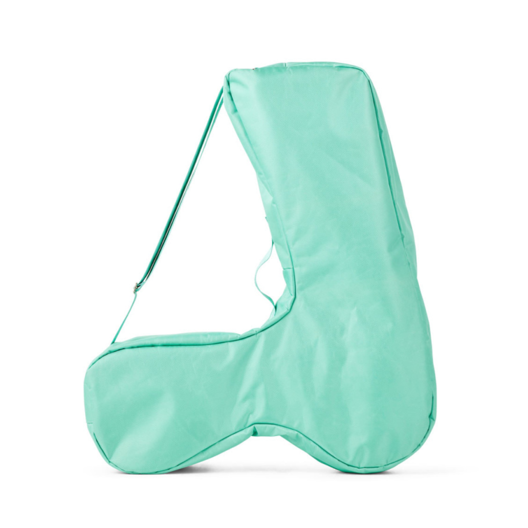 A soft, padded turquoise Travel Bag For The byAcre Nordic Pioneer Rollator with an angular shape and a shoulder strap, photographed against a white background.