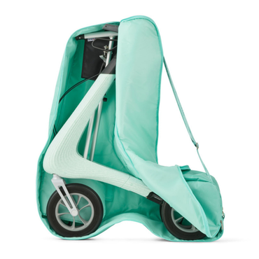 A compact, foldable rollator inside a light teal Travel Bag For The byAcre Nordic Pioneer Rollator, partially zipped open to reveal the rollator’s wheels and frame.