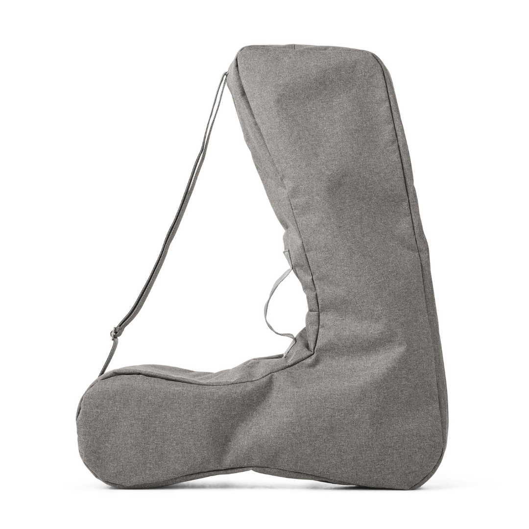 The Travel Storage Bag for ByAcre Ultralight Carbon Fiber Rollators is a soft, grey fabric shoulder bag with a long strap and curved shape, shown upright against a white background.