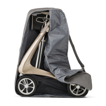 A gray Travel Storage Bag for ByAcre Ultralight Carbon Fiber Rollators is shown partially unzipped, revealing the rollator's wheels and handlebar inside its sturdy, metallic-framed foldable design.