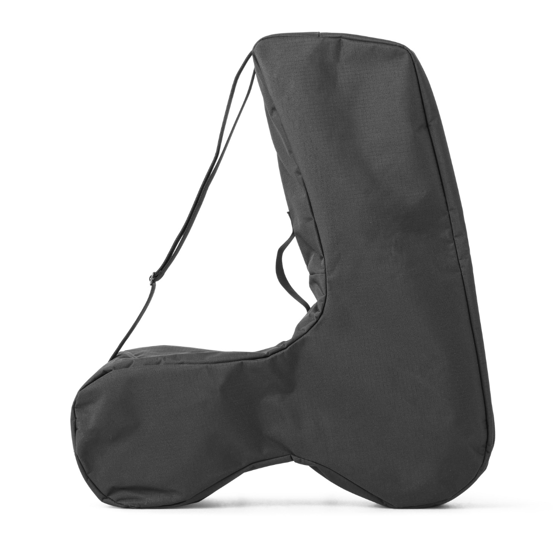 The Travel Storage Bag for ByAcre Overland Carbon Fiber Rollator is a black, triangular padded case with a shoulder strap, designed to protect and carry your ByAcre Overland rollator or custom-fit accessories.