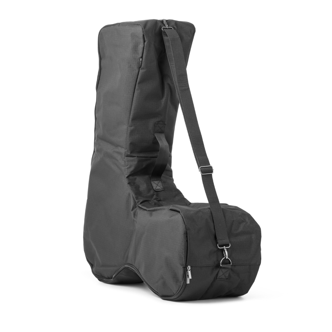 A black, padded Travel Storage Bag designed to custom-fit and carry the ByAcre Overland Carbon Fiber Rollator, featuring handles, a shoulder strap, and a zippered lower pocket for accessories or maintenance tools.