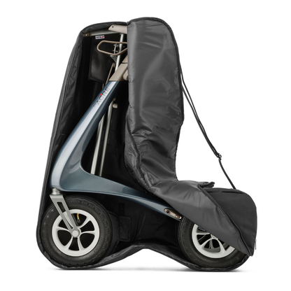 The Travel Storage Bag for ByAcre Overland Carbon Fiber Rollator is a gray, padded, custom-fit bag with a zipper and carrying strap, designed for storing your folded rollator and accessories or tools.