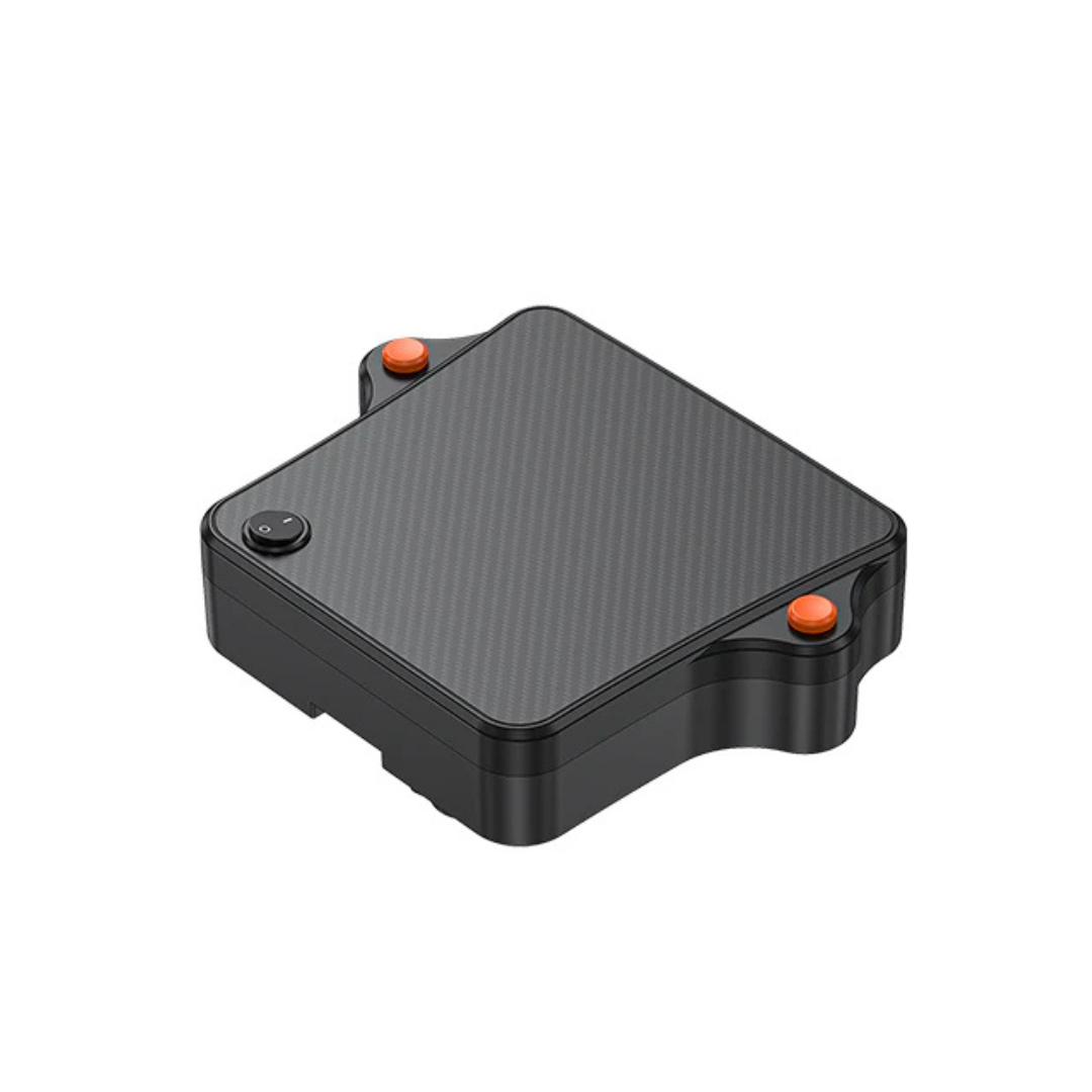 The Travel Battery for Paiseec Q5 Electric Wheelchair is a black, square device with rounded corners, two orange side buttons, and a small circular black button—airline approved 24V 12ah lithium battery for safe travel.