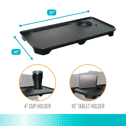 The Tray Accessory For Stander Walkers & Rollators is a rectangular black tray (21" x 10") with a 4" cup holder and 10" tablet holder. Circular insets show measurements and examples for quick reference.