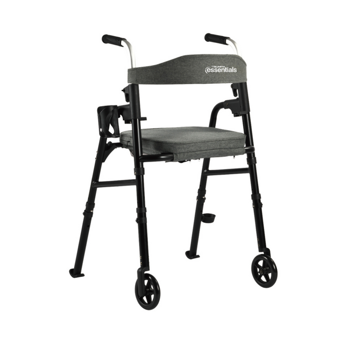 The Triumph Mobility Essentials Walker is a black and gray lightweight walker with four wheels, a padded seat, support handles, and a fabric backrest labeled essentials. Its minimalist foldable design offers functional and convenient mobility assistance.