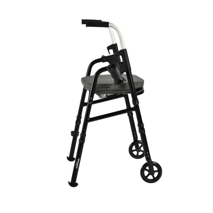 The Triumph Mobility Essentials Walker with Seat is a lightweight, black folding walker featuring wheels, hand grips, and a sleek design for seamless support.