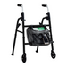 The Triumph Mobility Essentials Walker with Seat is a black, lightweight walker featuring front wheels and top grips for easy mobility. It includes a grey accessory bag that holds a green book and phone. Its foldable design ensures convenient storage and transport.