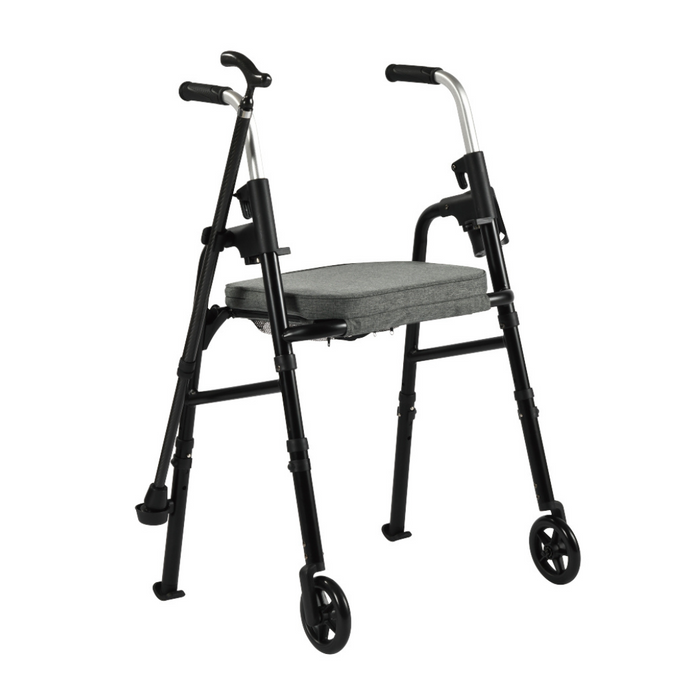 The Triumph Mobility Essentials Walker with Seat features a compact folding system, padded seat, and wheels. Its lightweight black frame and handles offer exceptional mobility support.