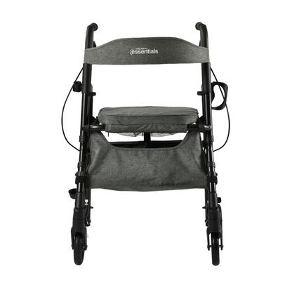 Front view of a gray Triumph Mobility Essentials Lightweight Rollator with four wheels and a padded seat. It includes handles with brakes, a storage pouch beneath the seat, and the essentials logo on the backrest.