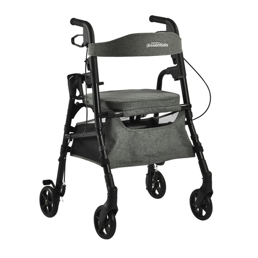 The Triumph Mobility Essentials Lightweight Rollator is a compact, black and gray rollator with four wheels, a padded seat, backrest, storage compartment, hand brakes, and a sturdy frame for essential mobility assistance.