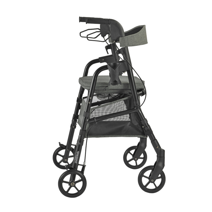 Side view of the Triumph Mobility Essentials Lightweight Rollator in black and gray. It features four wheels, a cushioned seat, storage mesh beneath, and a cup holder by the handlebars for convenient and easy use on any journey.