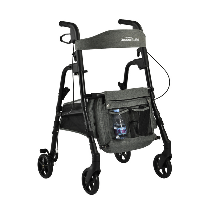 The Triumph Mobility Essentials Lightweight Rollator is gray and compact, featuring four wheels, adjustable handles, a padded seat, and a storage bag with a water bottle. The backrest proudly displays the Mobility Essentials logo.