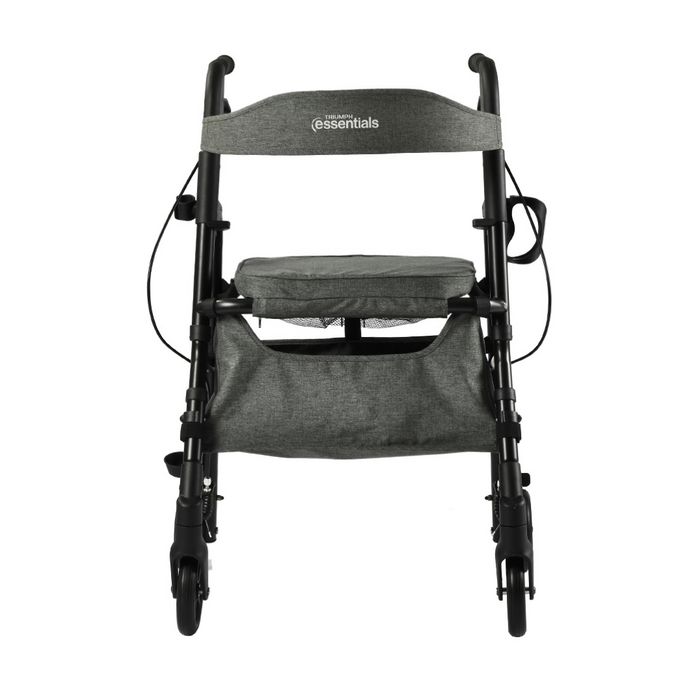 Front view of a gray Triumph Mobility Essentials Lightweight Rollator with four wheels and a padded seat. It includes handles with brakes, a storage pouch beneath the seat, and the essentials logo on the backrest.