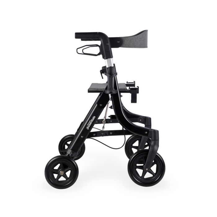 Side view of the Triumph Mobility Essentials Compact Lightweight Rollator in black, featuring four wheels, a padded seat, and a support handle. This modern design is perfect for lightweight mobility assistance.