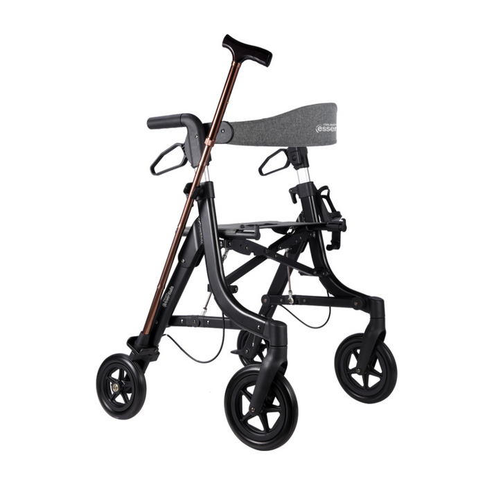 The Triumph Mobility Essentials Compact Lightweight Rollator features a sleek black design with a gray seat, four wheels, and a built-in side cane holder. Perfect for easy transportation and support due to its modern and compact design.