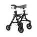 Introducing the Triumph Mobility Essentials Compact Lightweight Rollator, a sleek black walker designed for ultimate mobility. It features smooth wheels, a support seat, adjustable handlebars, and folds effortlessly for easy storage and seamless navigation.