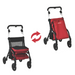 Two red and black strollers are shown. The left one is unfolded, displaying the mesh basket and seat, while the right highlights portability when folded. A circular arrow indicates convertibility, similar to the Triumph Mobility Essentials Lightweight Shopping Rollator with Seats design.