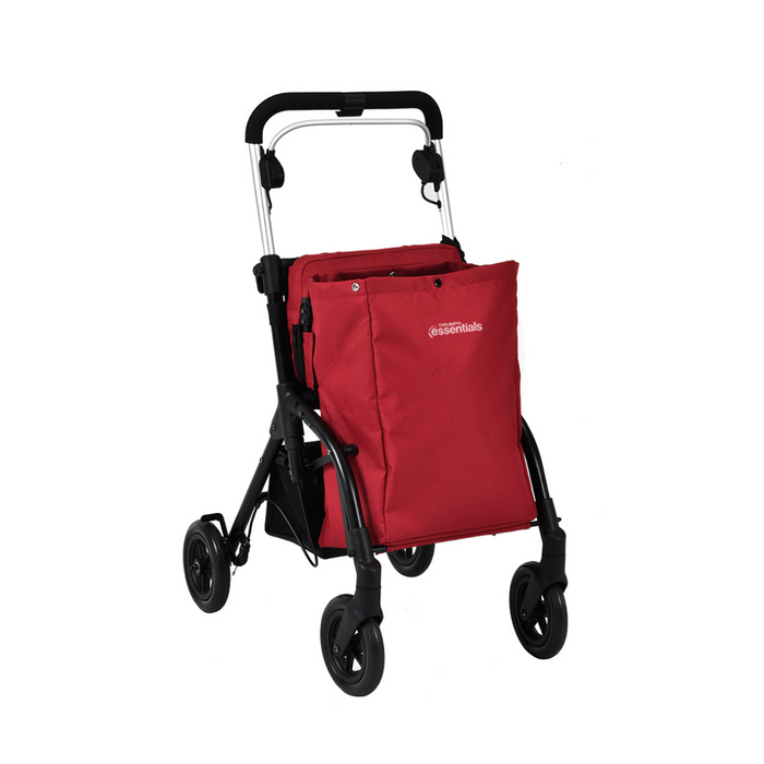 The Triumph Mobility Essentials Lightweight Shopping Rollator with Seat is a convenient mobility aid, featuring a black and red foldable design, sturdy frame, large front storage bag with zippered top, essentials print, and four wheels for easy maneuvering.