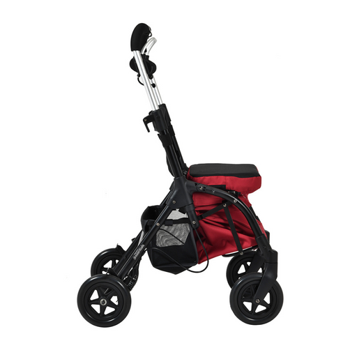 The Triumph Mobility Essentials Lightweight Shopping Rollator features a lightweight design with a red seat and black frame, four wheels, an adjustable handlebar, and a large front storage bag for convenience.