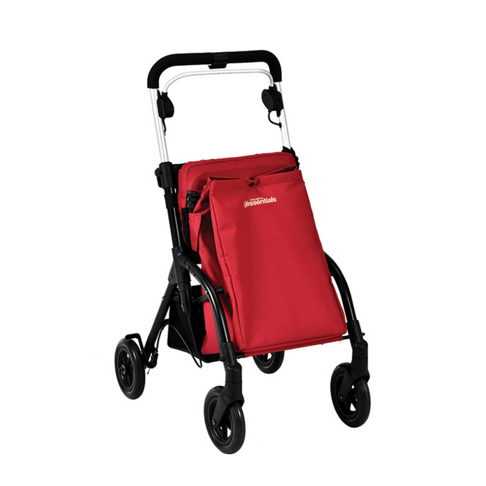 The Triumph Mobility Essentials Lightweight Shopping Rollator with Seat is a red, foldable cart featuring four black wheels, a black handle, and a large zippered fabric bag for easy storage.