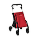 The Triumph Mobility Essentials Lightweight Shopping Rollator with Seat is a red, foldable cart featuring four black wheels, a black handle, and a large zippered fabric bag for easy storage.