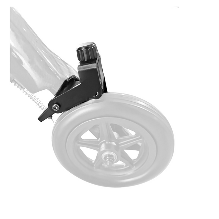 Close-up of a strollers front wheel with slow down brakes, resembling Triumph Mobility Accessories for The Maverick Rollator. The black plastic brake lever contrasts with the light-colored wheel on a plain white background.