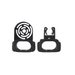 Two black plastic Triumph Mobility accessories for Escape Rollators are shown. The left features a circular vent-like pattern, while the right has a clip design with an open top, ideal as a phone holder. Both have oval bases and appear designed for device mounting or holding.