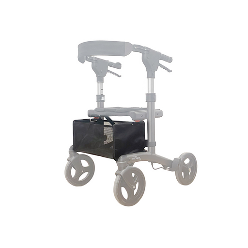 This image features the Triumph Mobility Accessories for Escape Rollators: a gray lightweight walker with four wheels, adjustable handlebars, and a sleek black fabric storage bag beneath the seat. Its minimalistic design includes optional features like a phone holder for added convenience.