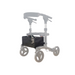 This image features the Triumph Mobility Accessories for Escape Rollators: a gray lightweight walker with four wheels, adjustable handlebars, and a sleek black fabric storage bag beneath the seat. Its minimalistic design includes optional features like a phone holder for added convenience.