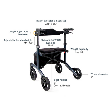 The Triumph Mobility Escape HD Folding Bariatric Rollator is travel-friendly and designed for convenience with a height-adjustable backrest (23.5 x 6.5), adjustable handles (31-38), and an advanced braking system. It features a 450 lb weight capacity, 21 seat height, and 8 wheel diameter.