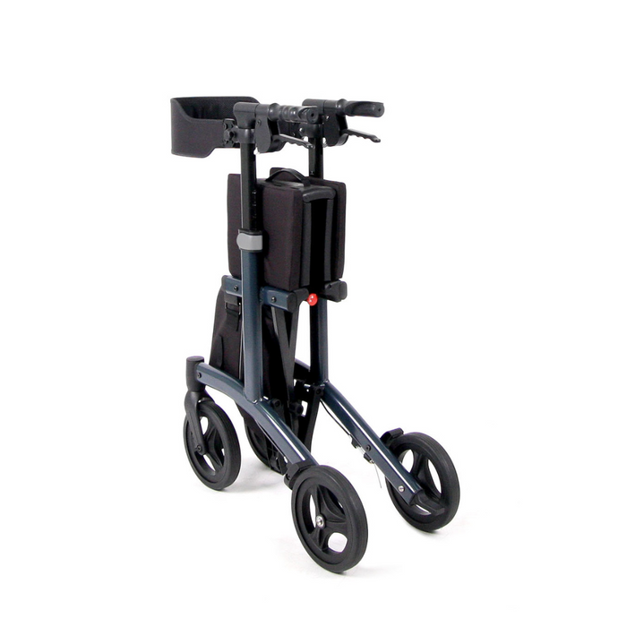 The Triumph Mobility Escape HD Folding Bariatric Rollator is lightweight and travel-friendly with four wheels, advanced brakes, a padded seat and backrest, ergonomic handles, and a small front pouch—perfect for easy transport in its compact folded position.