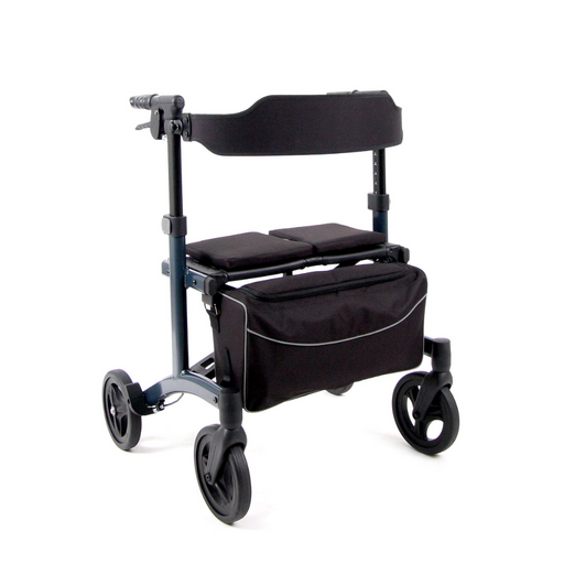 The Triumph Mobility Escape HD Folding Bariatric Rollator in black has four wheels, a padded seat with storage underneath, comfortable handgrips, and an advanced braking system for safety. Its curved backrest offers added user comfort.