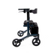 The Triumph Mobility Escape HD Folding Bariatric Rollator is a lightweight, travel-friendly blue walker with four wheels, a seat, handlebars, and a storage pouch. Its compact and modern design features an advanced braking system for reliable mobility assistance.