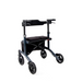 The Triumph Mobility Escape HD Folding Bariatric Rollator is a lightweight, travel-friendly walker with four black wheels, a metallic gray frame, adjustable handlebars, a black seat and backrest, offering excellent mobility assistance and an advanced braking system for enhanced safety.