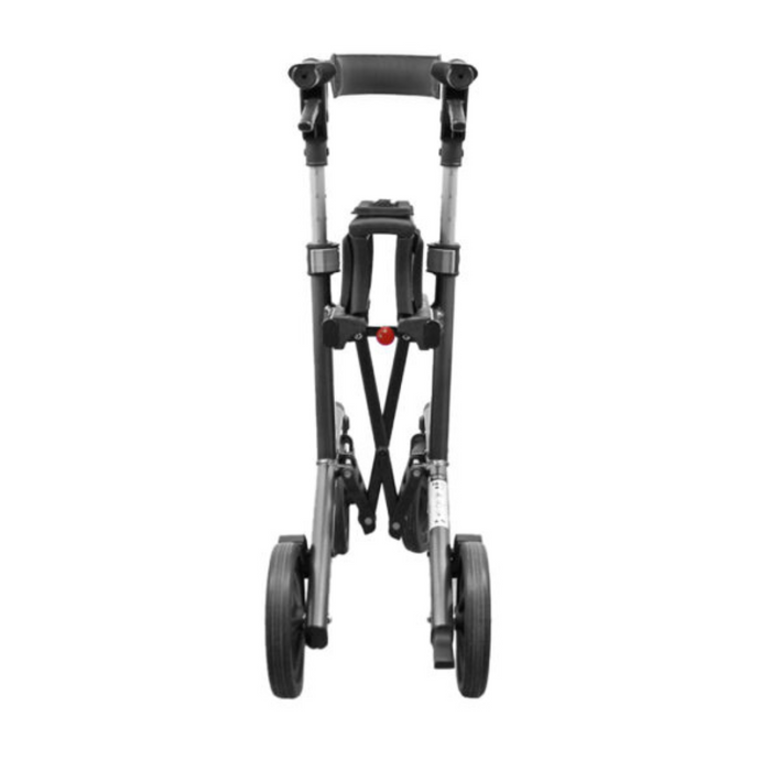 The Triumph Mobility Escape Petite Folding Rollator is shown upright from the front against a plain white background. It features black handles and wheels, with a compact design that includes a reliable braking system for enhanced safety and convenience.