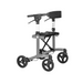 The Triumph Mobility Escape Petite Folding Rollator boasts a stylish black and gray design, offers four wheels, a padded seat, adjustable handles for optimal mobility support, and includes an advanced braking system for enhanced safety and control.