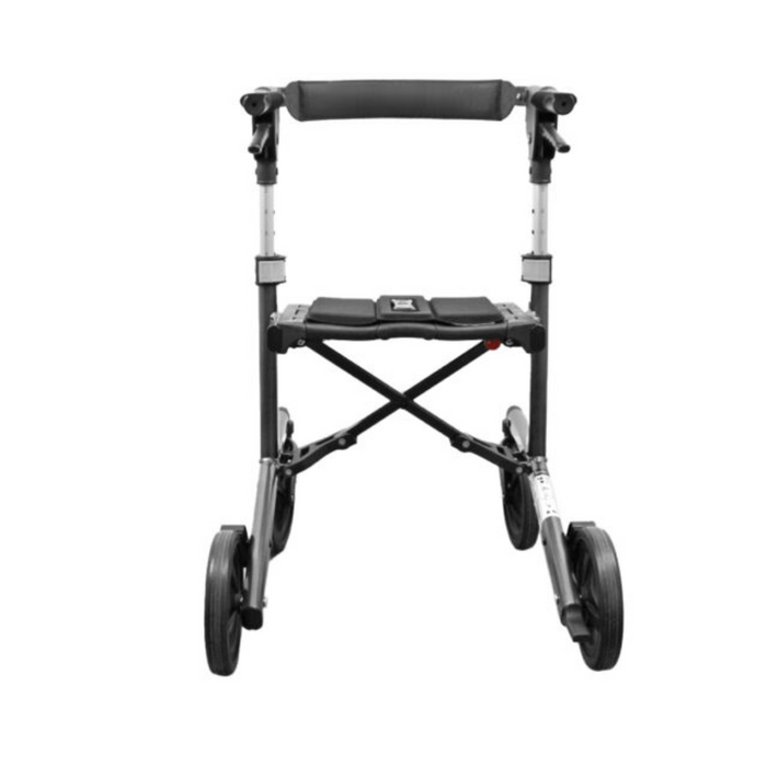 The Triumph Mobility Escape Petite Folding Rollator features a sleek black and silver design, offering mobility support with its lightweight, adjustable frame. It includes a seat, dual handles, four large wheels for ease of use, and a reliable braking system to ensure safety during movement.