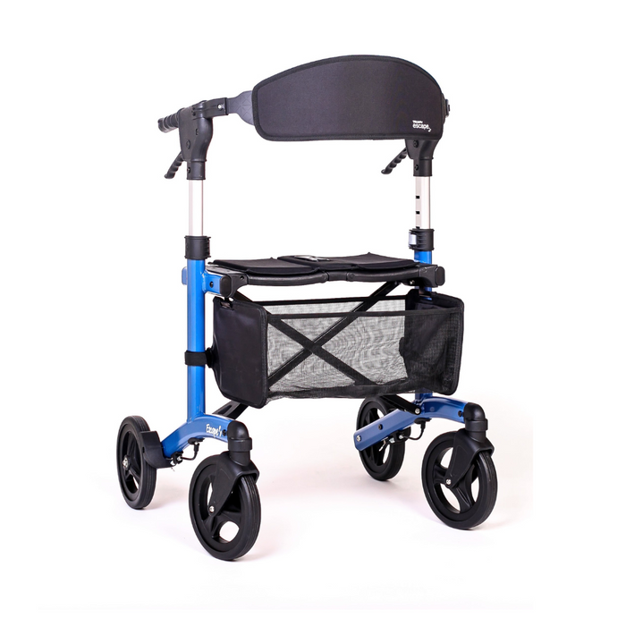 The Triumph Mobility Escape Rollator, weighing 15 lbs, is a foldable blue walker with a padded backrest, black handlebars, four large wheels, an advanced braking system, and mesh storage under the seat for convenience.