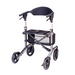 The Triumph Mobility Escape Rollator is a 15 lbs lightweight walker, featuring four wheels, an advanced braking system, cushioned seat with backrest, and storage beneath the seat. Its metallic frame has black and gray accents and offers effortless mobility with a compact one-handle folding system.