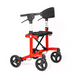 The Triumph Mobility Escape Rollator is a vibrant red, lightweight, four-wheeled walker with black handlebars and seat. It features a compact folding system, adjustable padded backrest, and advanced braking for ultimate mobility and safety.