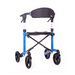 The Triumph Mobility Escape Rollator is a compact, 15-lb blue walker with four large black wheels, adjustable handlebars, and an advanced braking system. It includes a black padded seat and backrest, ideal for supporting individuals while walking.