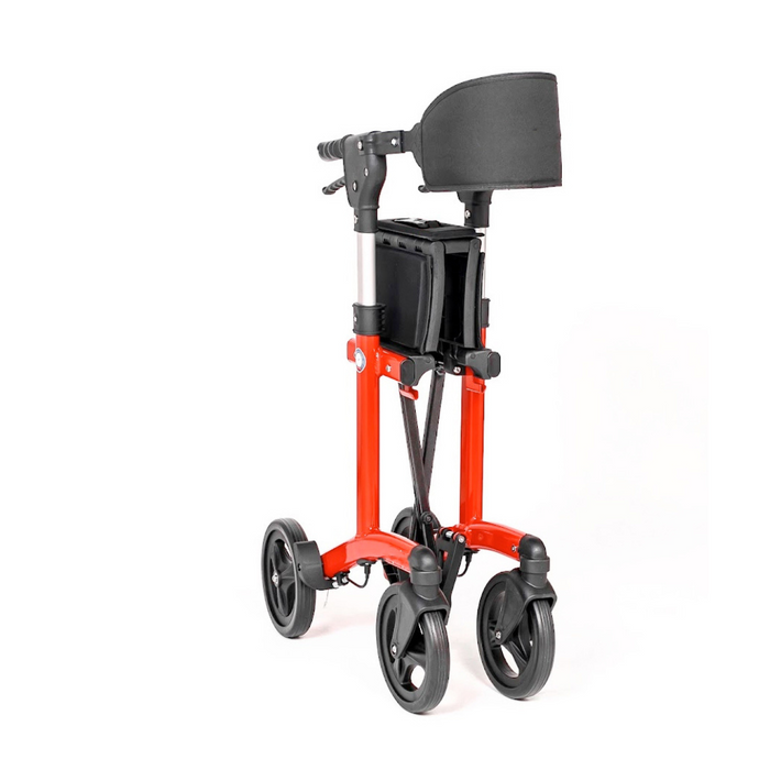 The Triumph Mobility Escape Rollator in red and black is a lightweight 15 lbs walker with ergonomic handles, a comfy seat, advanced braking, and a one-handle folding system for easy transport and storage.