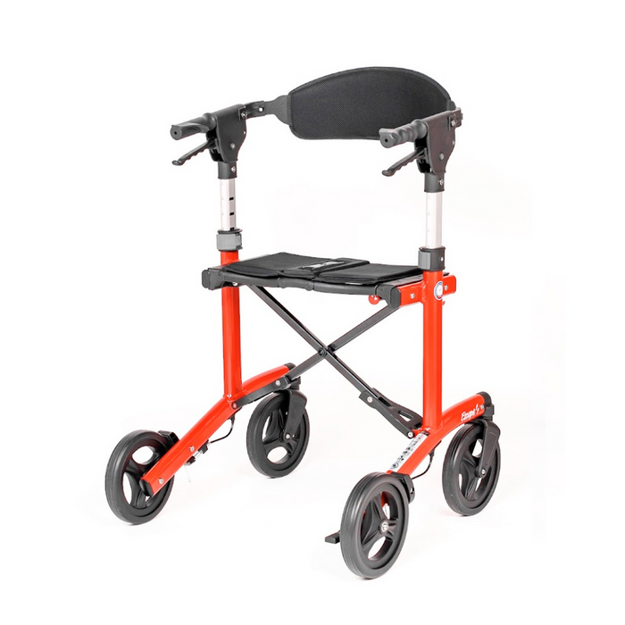 The Triumph Mobility Escape Rollator, weighing only 15 lbs, is a red walking aid with four large wheels. It features a black seat and backrest, adjustable handles, an advanced braking system for safety, and a compact one-handle folding design for convenient storage and mobility assistance.