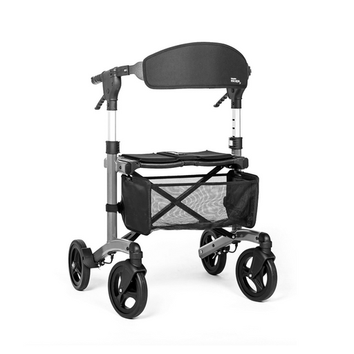 The Triumph Mobility Escape Rollator, weighing just 15 lbs, is a foldable black and silver walker with four wheels. It boasts adjustable handles, a cushioned backrest, mesh storage basket, compact folding system, and advanced braking for portable safety.