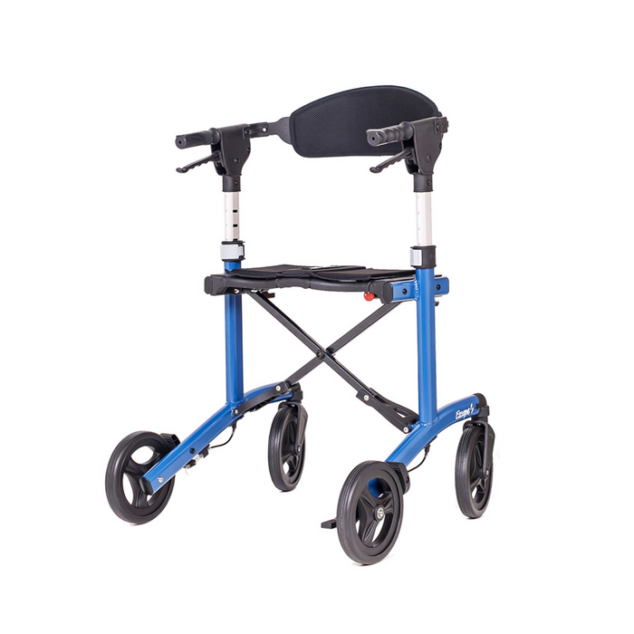 The Triumph Mobility Escape Rollator is a blue, 15-lb rolling walker with four wheels and a black padded backrest. It has adjustable handles, a foldable metal frame with a compact folding system for easy storage, and an advanced braking system for safe support and mobility.